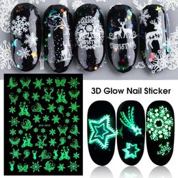 Nail Stickers Glow Christmas 3D Decals Snowflakes Art Self-Adhesive Decal White Snowflake Luminous Xmas Manicure