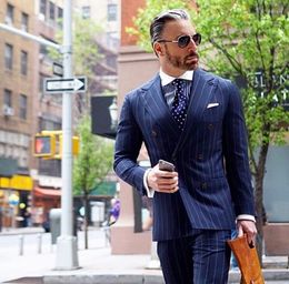 Men's Suits Latest Coat Pant Designs Navy Blue Stripe Men Suit Double Breasted Blazer Slim Fit 2 Piece Tuxedo Custom Groom Prom Ternos
