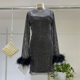 Casual Dresses H80&S90 Bling Women Sexy Holiday Fashion Rhinestone Streetwear Diamnond Mesh Hollow Out Slash Neck Feather Cuff Dress