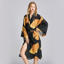 Women's Sleepwear Luxury Women Robes Black Golden Printed Kimono Sashes Bathrobe Bridesmaid Morning Robe Drop Free Size For 80KG