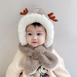 Hats Cartoon Baby Hat Thicken Beanies Caps Girls Boys Warm Winter Kawaii Deer Ear Casual Plush Scarf Set Solid Present