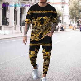 Men's Tracksuits Men's Tracksuits Retro Oversized Cloth Urban Man Summer Men Tracksuit Vintage 3D printed Short Seve T Shirt Long Pants 2 Piece Sets outfit 021323H