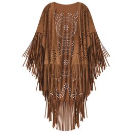 Shawls Camel Suede Floral Hollow Out Fringe Tassel Shawl Women Vintage Capes Ponchos Autumn Bohemian cardigan Cloak Boho Capes 230211