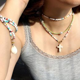 Pendant Necklaces Cowrie Shell Choker Cross Colorful Beads Necklace For Women Long Chain Summer Beach Trendy Bohemian Bib Collier Femme 75cm