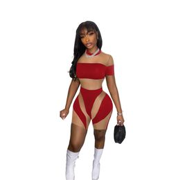 2024 Designer Summer Mesh Patchwork Rompers Women Clothes Short Sleeve Jumpsuits Sexy See Through Playsuits Casual One piece Overalls Night Club Wear 9537