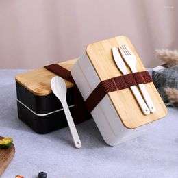 Dinnerware Sets Japanese Bamboo Wood Cover Containers Double-Layer Plastic Lunch Box Portable Bentobox Microwave Student Office School