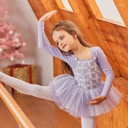 Stage Wear 2023 Long Sleeves Tutu Dance Dress Kids Sequins Gymnastics Costume Ballet Clothes For Girls Ballerina Dresses JL1335