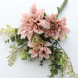 Decorative Flowers Artificial Dahlia Hand Tied Bunch Of Silk Flower For Home Decor Eucalyptus Leaf Plant Bouquet Wedding Bride Hold