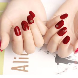 False Nails Women Handmade Red Colour Beauty Fake Nail Simulation Pearl Decor Artificial Sticker With Glue Simple Fashion NailsFalse