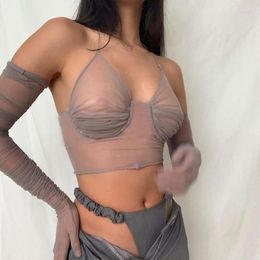 Women's Tanks Club Streetwear 2023 Mesh Patchwork Women Laters Crop Top See Through Sheer Party Summer Gloves Ruched Bodycon Sexy Shirt