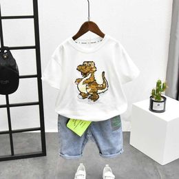 Sets Baby Boy Clothes Casual Tracksuit Pure Cotton Clothing Summer discoloration dinosaur TshirtsPants For Kids Sports Outfit Y