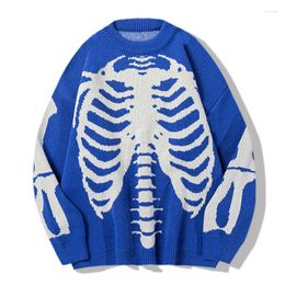 Men's Sweaters Punk Oversized Knitted Mens Vintage Skeleton Bone Printed Tops Hip Hop Harajuku Patchwork Casual Pullover Unisex Black