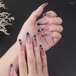 False Nails 24Pcs/Set Long Coffin Flame Design Nail Women French Black Full Cover Fake With Glue Bow Glitter DIY Manicure Art