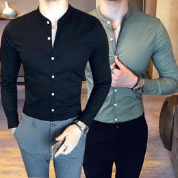 Men's Dress Shirts Stand Collar Chinese Style Shirt Mens 2023 Long Sleeved Slim Fit Business Solid Color Fashion Boutique Cotton Clothing