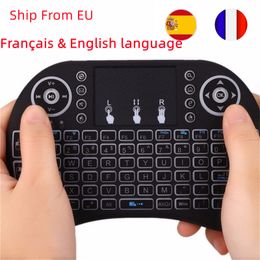 Ship from Europe i8 Remote Control Wireless Mini Keyboard French English Language Rechargable 2.4G Air Mouse Touchpad Backlight Backlit for Smart Android TV Box