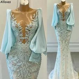 Stylish Lace Light Blue Mermaid Prom Dresses Beaded Sheer Neck Chiffon Long Sleeves Evening Gowns Pluging V Neck Sexy Arabic Aso Ebi Second Reception Dress CL1836