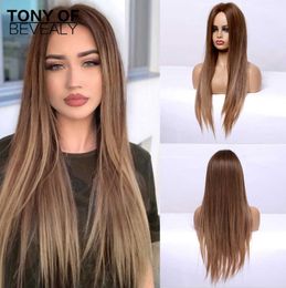 Women Hair Synthetic Long Straight Brown Ombre Natural Wigs Middle Part Heat Resistant for Afro Daily Cosplay Fashion 0527