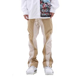 Men's Pants Mens PU Patchwork Sweat Streetwear Half Zipper Colorblock Casual Trousers Oversize Men Women Elastic Waist Track Y2302