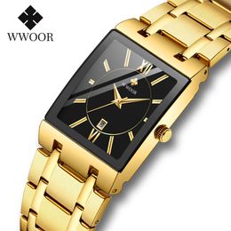 Mens Rectangular Watches 2021 Luxury Gold Black Watches Bracelet For Men Waterproof Date Quartz Wrist Watch Male With Box339A