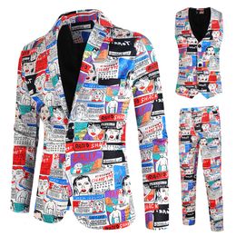 Men's Suits Blazers Men Pants Vest Autumn Winter Graffiti Print 3 Pieces Mens Sets Streetwear Singlebreasted Party Costume 230213