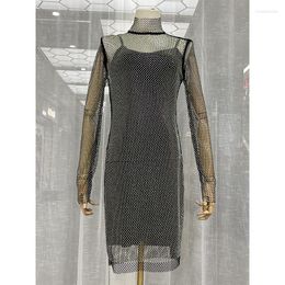 Casual Dresses H80&S90 Crystal Diamond Sexy&Club Mesh High Neck Bodycon Dress Women Bling Long Sleeve Mini Holiday See Through Party