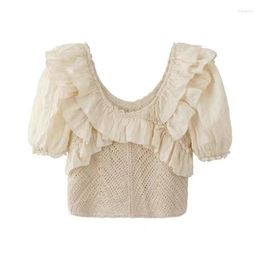 Women's Blouses French Style Bubble Sleeve Chiffon Crochet Shirt Summer Beach Hollow Out Women's Ruffle Vintage Mori Girl Blusas