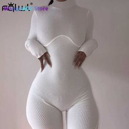Women's Tracksuits FQLWL Ribbed Knitted Bodycon White Black Summer Jumpsuit Women Shorts Playsuit Long Seve Sexy Rompers Womens Jumpsuit Fa 021323H