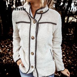 Women's Jackets Colorblock Fluffy Single Breasted Buttoned Coats Women Full Sleeve Stand Collar Casual Autumn Winter Jacket Tops