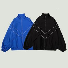 Mens Jackets Hip Hop Reflective Striped Harajuku Patchwork Zipper Windbreaker Streetwear Casual Loose Varsity Coats Unisex Blue 230213