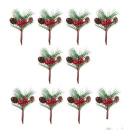 Decorative Flowers Wreaths 10Pcs Mini Simation Christmas Fake Pine Picks Stems Artificial Creative Needle Berry Plant For Xmas Par Dh0V4