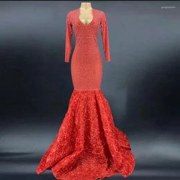 Stage Wear Fashion Show Red Rose Dresses Full Stones Evening Celebrate Long Train Dress Women Prom Outfit Birthday Big Tail Costume