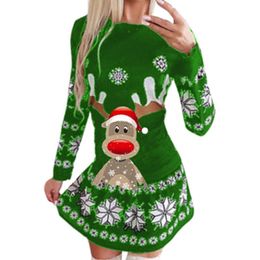 Casual Dresses Women Fashion Knitted Dress Long-sleeved Round Neck Christmas Printed Snowflake Party Autumn And Winter Thick