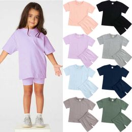 Clothing Sets Summer Custom Kids Baby Girls Clothes Essential Pieces Tracksuit Set Short Sleeve Cotton TshirtLeggins Shorts Sports Suit