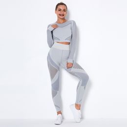 Women Yoga Leggings Suits Elastic Long Sleeve Shirt Striped Energy Leggings 2 Piece Sports Sets Cycling Running Sportswear