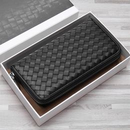 New Leather Men's Wallet Long Woven Leather Bag Luxury Clutch Simple Fashionable Lady Wallet Large Capacity Sheepskin214y