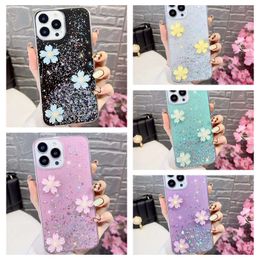 3D Spring Flower Bling Glitter Cases For Iphone 15 14 Pro Max 13 12 11 XR XS X 8 7 6 Plus Fashion Foil Soft TPU Confetti Sequin Drop Glue Star Starry Phone Cover Back Skins