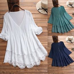 Women's Blouses & Shirts Women Fashion Vintage Lace Hollow Out V-Neck Plus Size Top Short Sleeve Female Asymmetrical Blusa Stre22