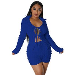 New Designer Spring Tracksuits Women Bubble Outfits Two Piece Sets Long Sleeve Bandage Cardigan Shirt and Shorts Sportswear Casual Solid Tracksuits Wholesale 9255