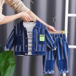 Clothing Sets Spring baby vertical grain long sleeve denim suit yearold boy's lapel cardigan trousers twopiece simple casual sportswear