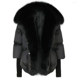 Women's Leather YOLOAgain Oversized Winter Warm Real Fur Collar Black Down Coat Women Puffer Outerwear Jackets 2023 Autumn