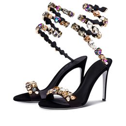 New Women's Sandals Banquet Stiletto High-Heel Sexy Snake Wrap Strap Mixed Colors Crystal Ankle Wrap Strap Sandals