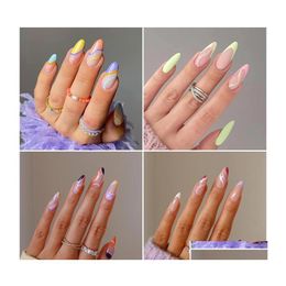 False Nails 24Pcs Floral Almond Fake Nail Fl Er Press On Detachable Oval Head Diy Manicure Tools Drop Delivery Health Beauty Art Salo Dhzon