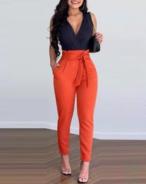 Women's Two Piece Pants 2Pcs Women's Suit Sleeveless Plunging Neck Bodysuit & Belted Set Sexy Long Skinny Daily Work Sets