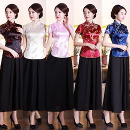 Ethnic Clothing Women's Plum Blossom Brocade Satin Short Sleeve Cheongsam Top Chinese Shirt Blouse