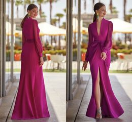 Elegant Long Sleeves Evening Dresses Sexy Front Slit Mermaid Prom Formal Gown Deep V-neck Fuchsia Party Dress Robe de Soiree 2023 New