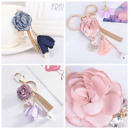 Key Rings Small Fresh Cloth Flower Key Chain Fashion Tassels Keychain Car Key Ring Female Keyring Women Bag Pendant Exquisite Ornaments G230210