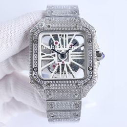 Luxo grande esqueleto quartzo relógio masculino quadrado cheio de diamantes relógios aço inoxidável safira cristal resistência à água