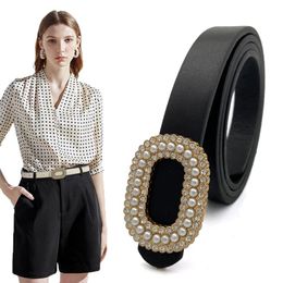 Belts Ladies PU Leather Belt Alloy Hasp For Women Designer Pearl Rhinestone Inlay Removable Buckle Jeans Waistband