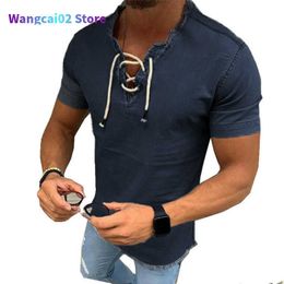 Men's Casual Shirts Fashion Denim Shirt Men Fit Slim Jeans Shirt Short Seve V-neck Shirts Casual Lace Up Blouse Top Tee Summer Camisa Masculina 021323H