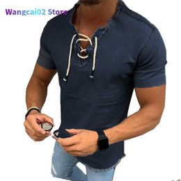 Camicie casual da uomo Camicia di jeans moda Camicia jeans slim fit Camicia corta con scollo a V Camicetta casual con lacci Top Tee Camisa masculina estiva 021323H